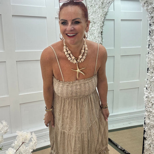 Perrie: Stone broderie Anglaise strappy midi dress. One size: 10-18