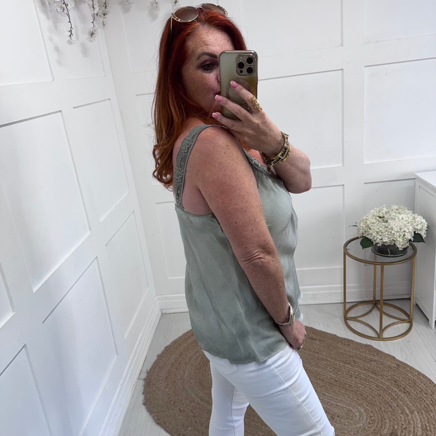 Sylvie: Khaki strappy silky lace vest top. One size 10-16
