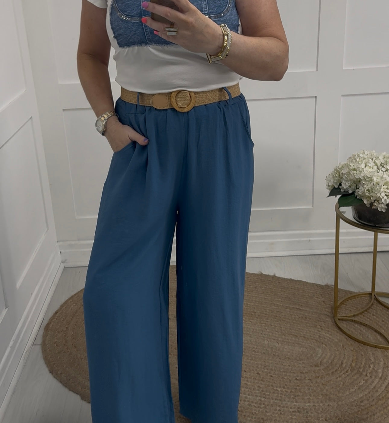 Maxine: Blue wide leg belted trousers. 2 sizes