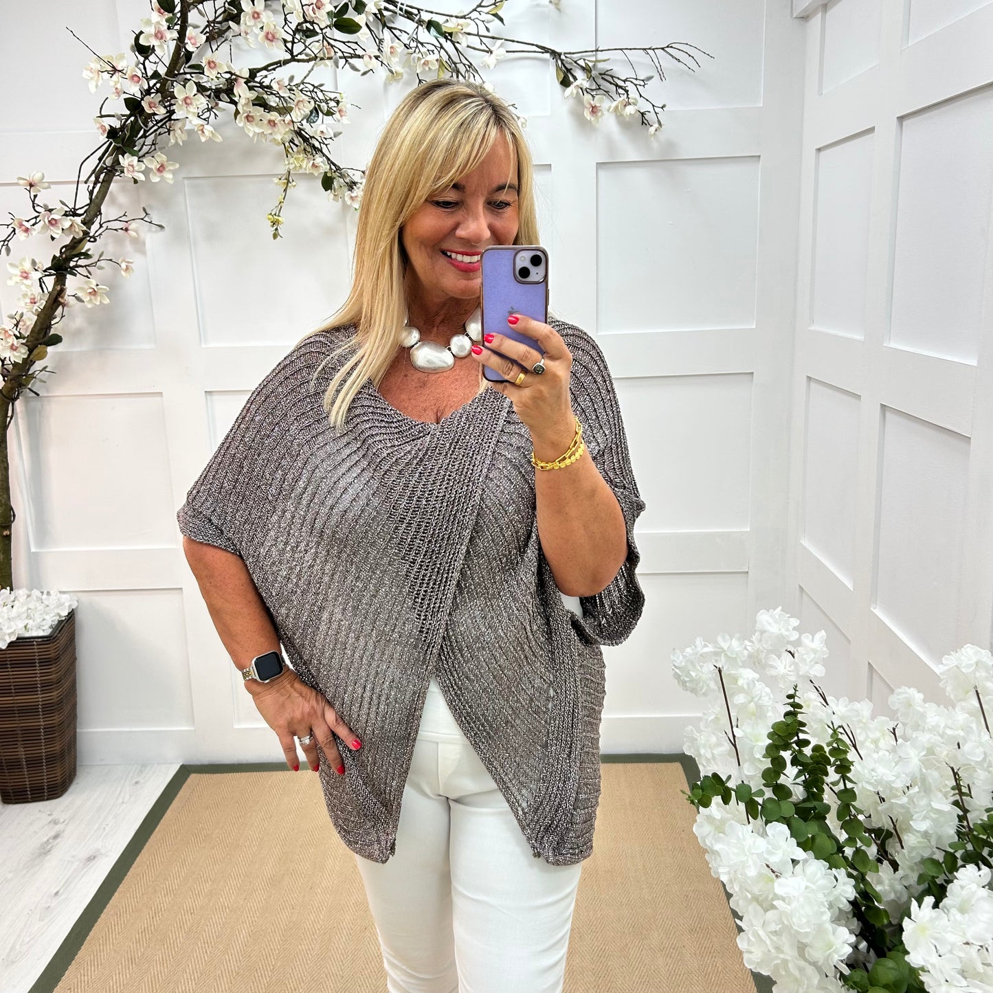 Harriet: Pewter lurex cross over top. One size: 16-24