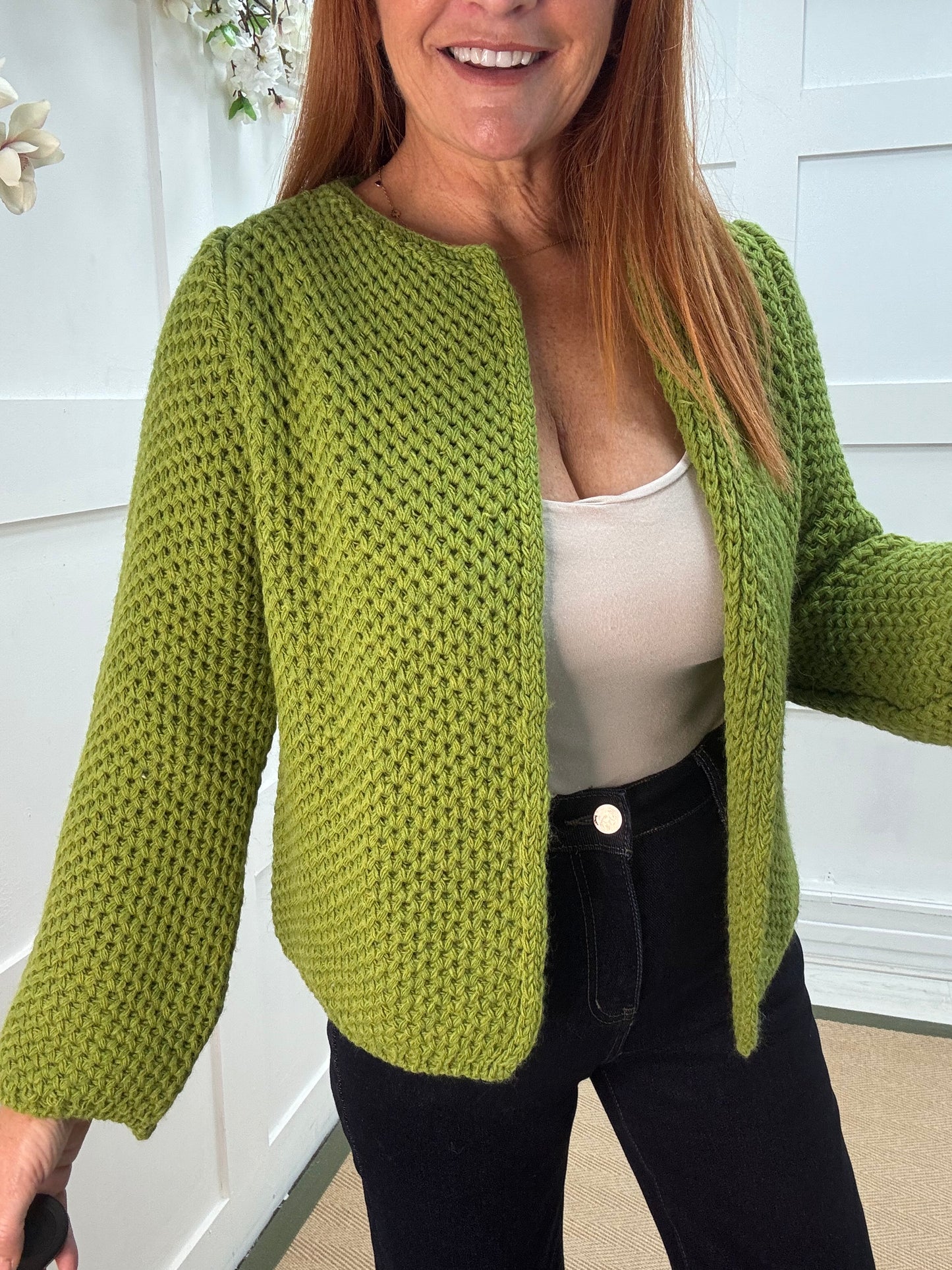Skye: Lime knitted boxcut cardigan. One size: 10-18