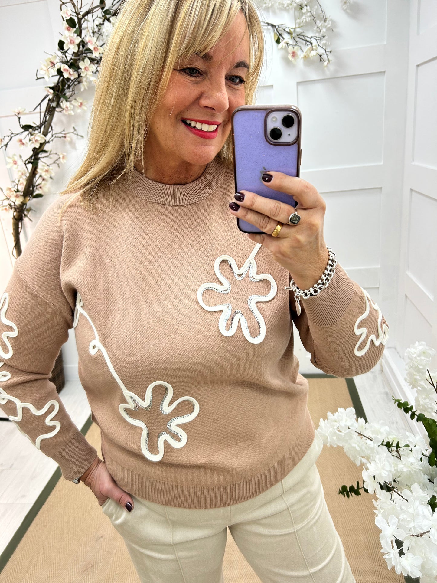 Dahlia: Sand embroidered sequin knit. One size: 12-18