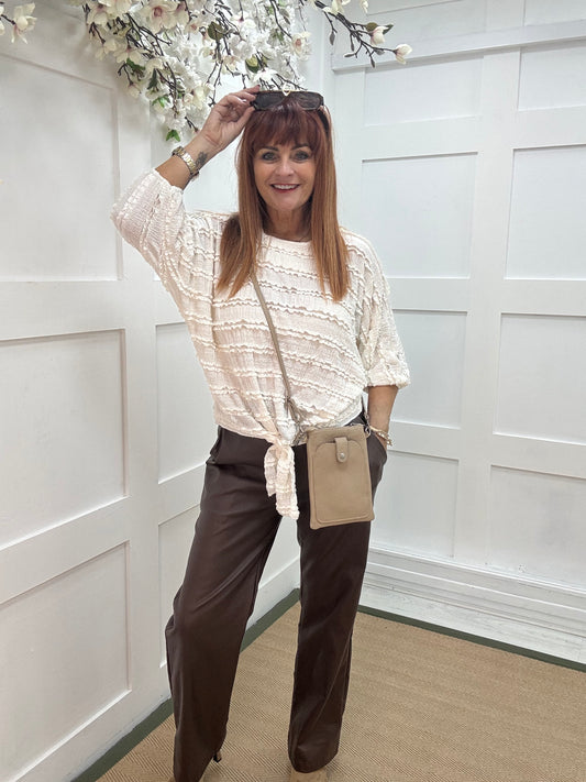 Dorita: White ruffle & tie top. One size 12-16