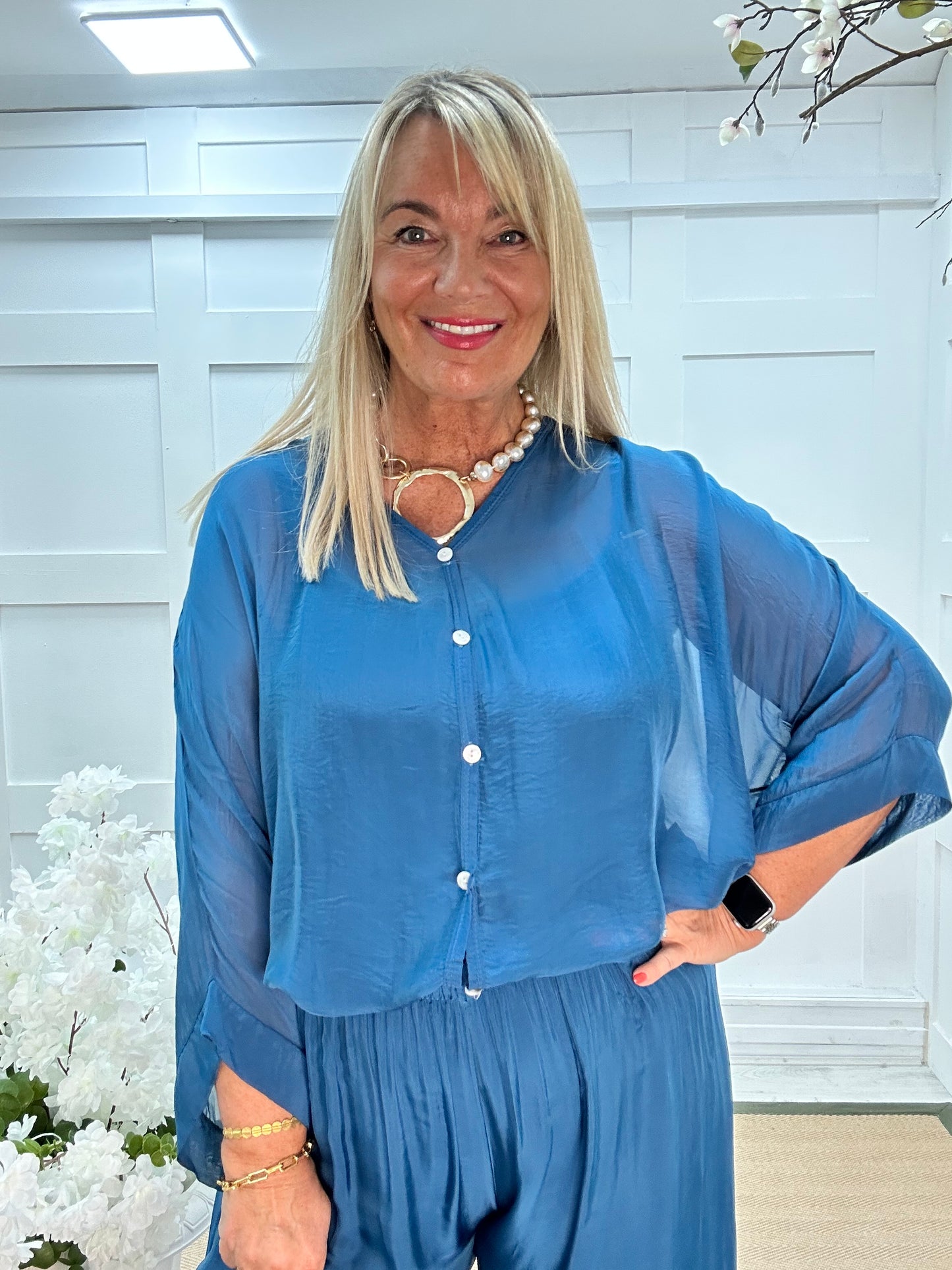 Vienna: Teal V neck silk long sleeve top. One size: 12-20