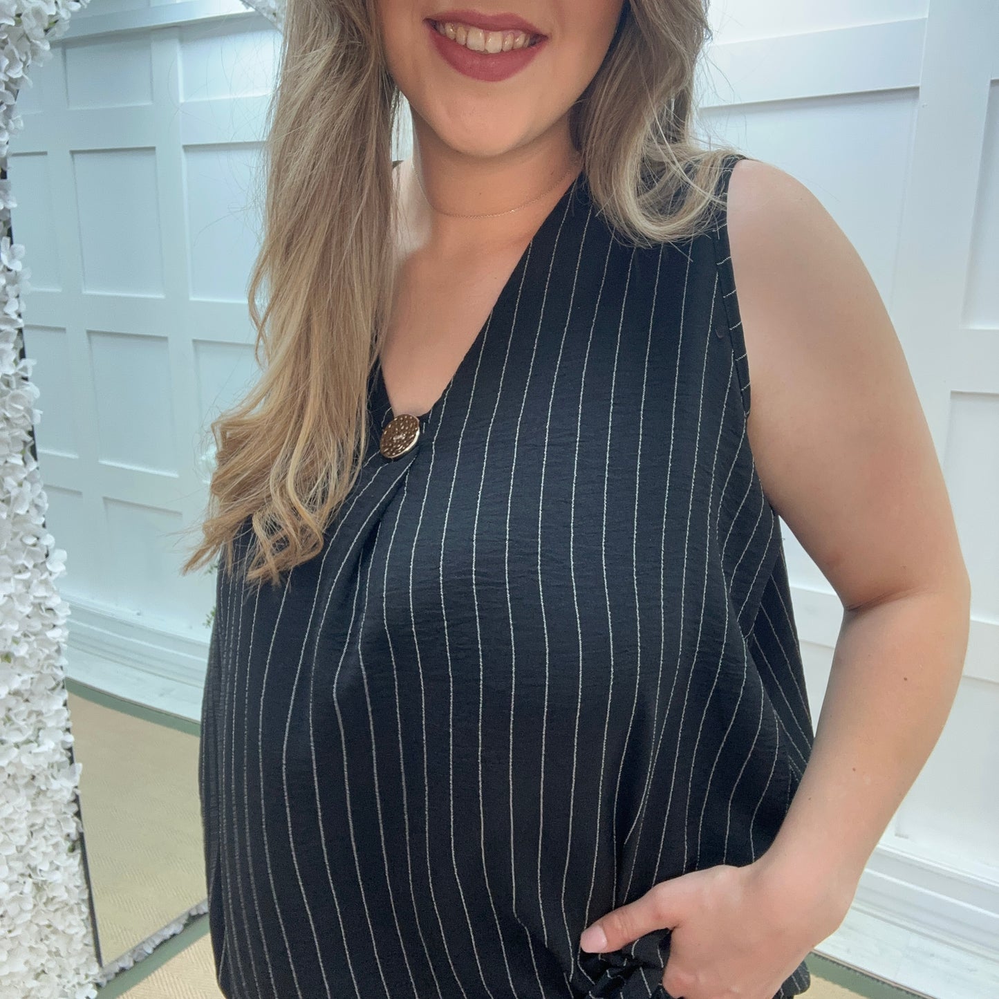 Sasha: Black pinstripe v neck top. One size: 16-22