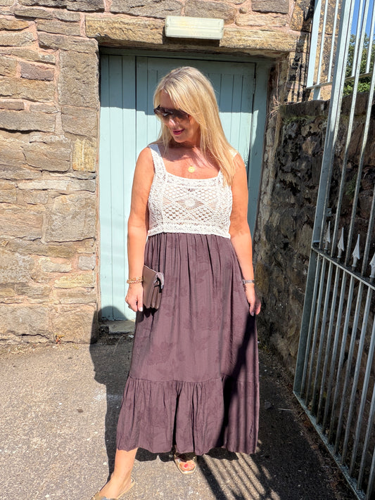 Carly: Cream crochet top maxi dress. One size: 10-16. 3 colours