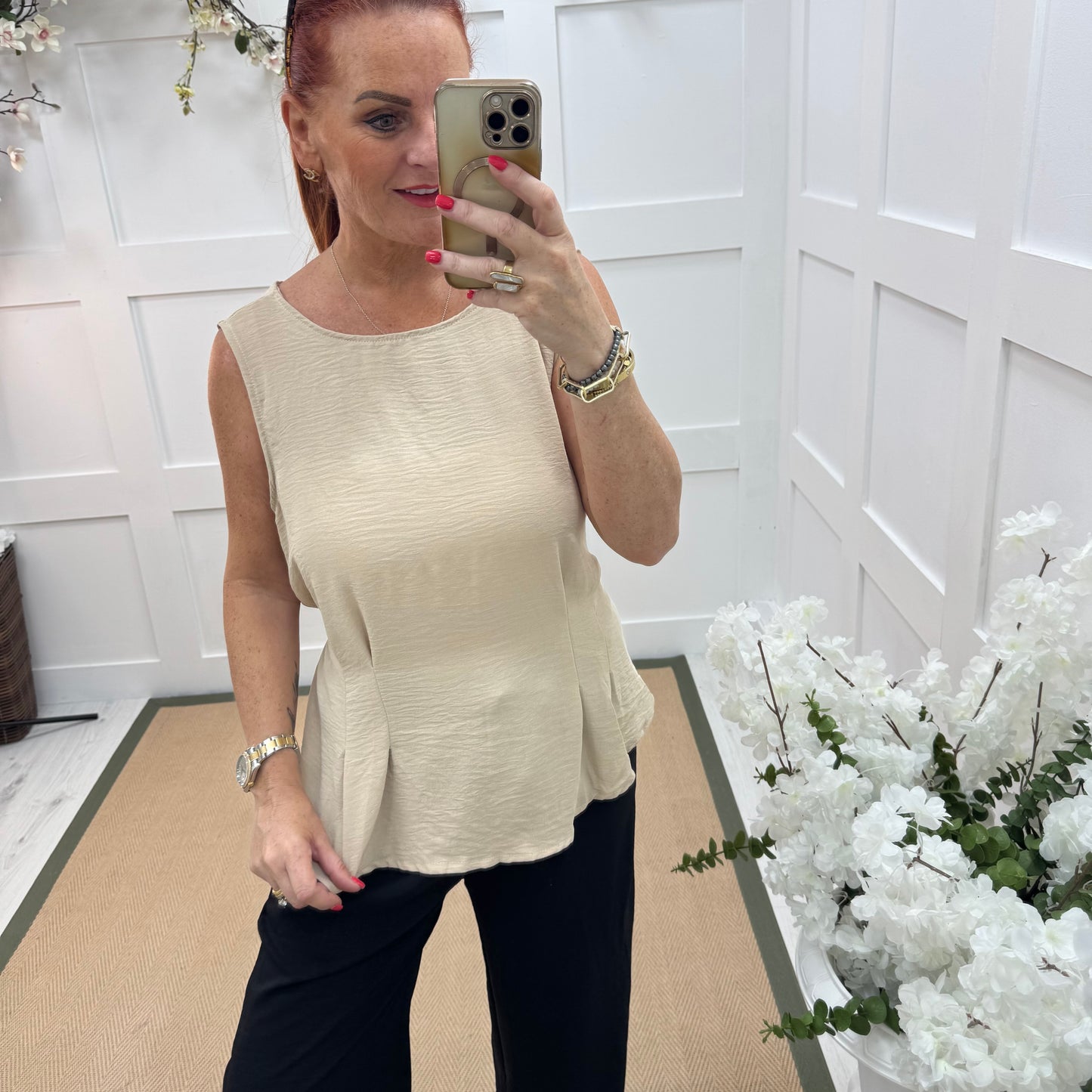 Maisie: Cream tie waist peplum top. One size: 14-18