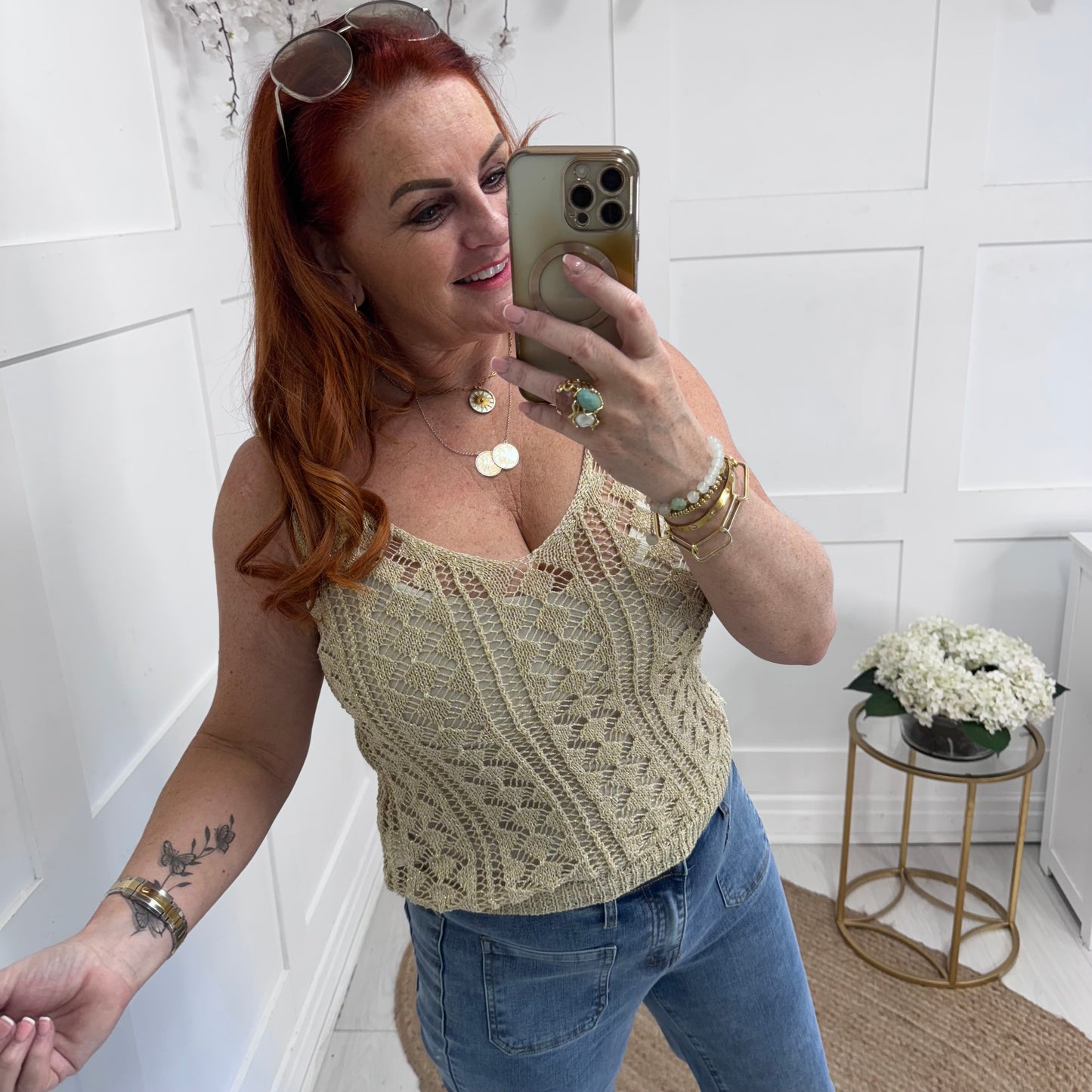 Gaynor: Gold lurex crochet vest top. One size: 10-14