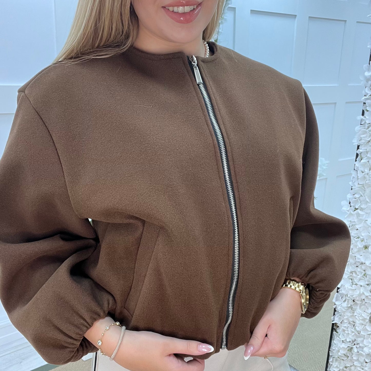 Jamiee: Brown soft feel bomber jacket. One size: 8-16