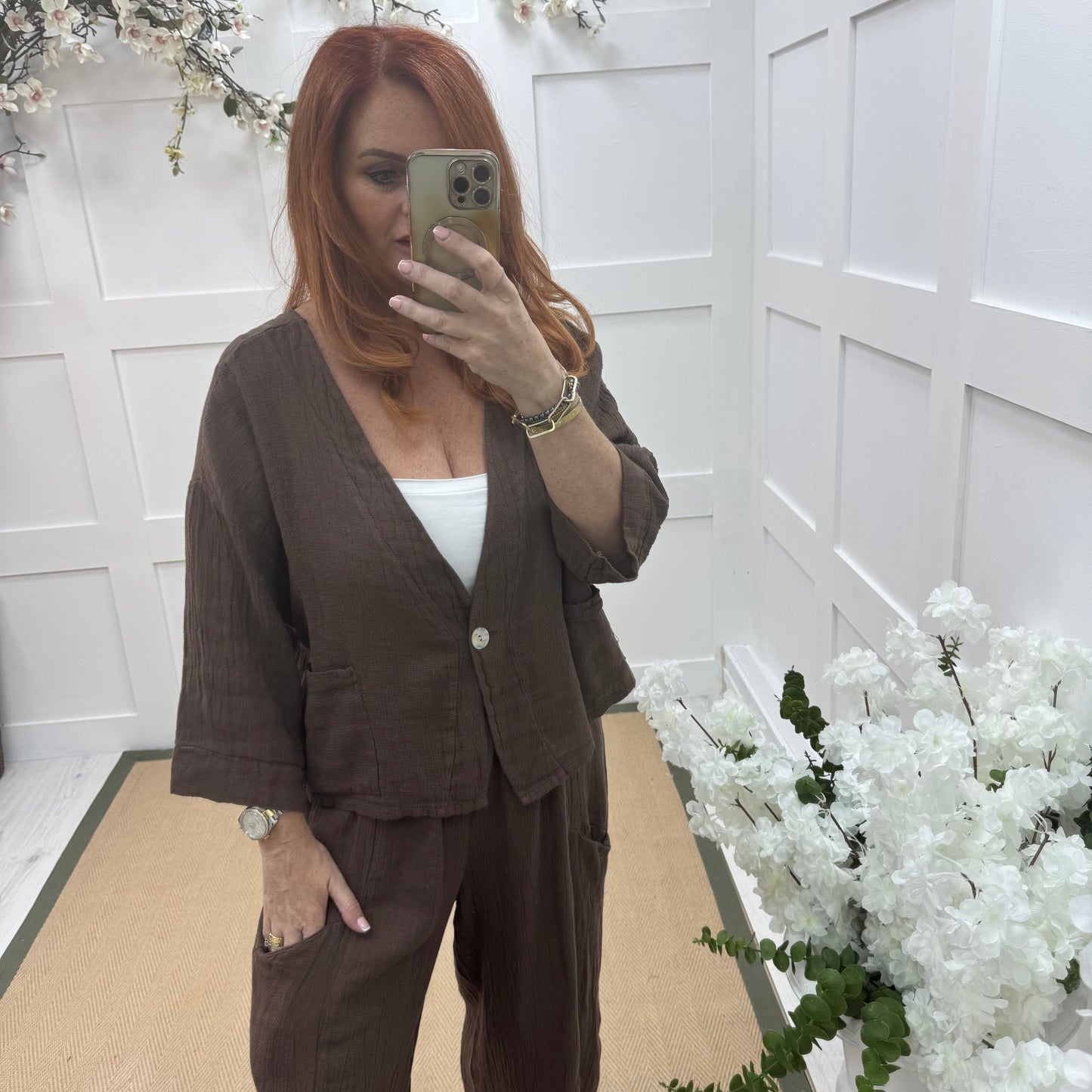 Kelsey: Brown jacket & trouser co-ord set. One size: 14-20/22