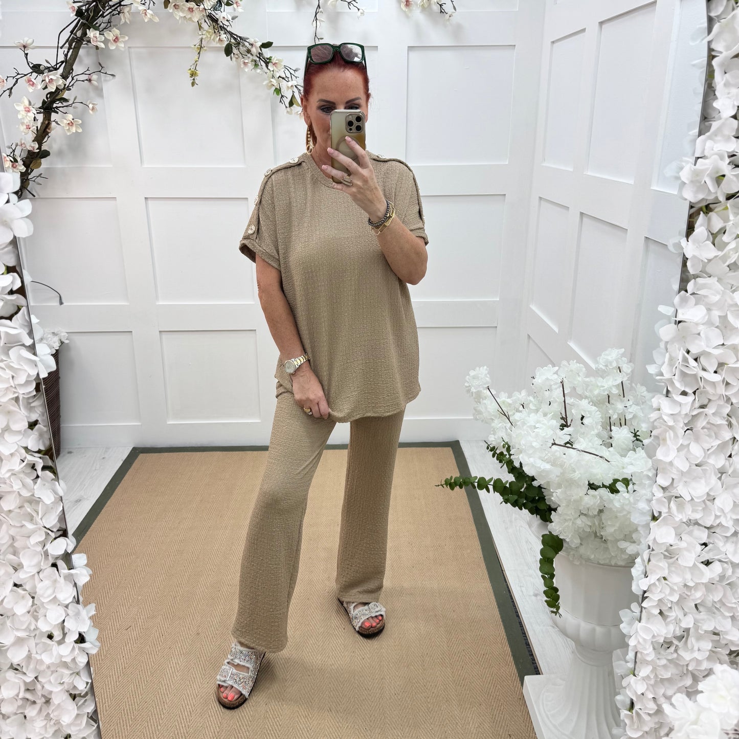 Tasha: Sand & gold button loungewear set. 2 sizes