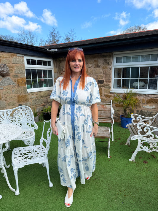 Luna: White & blue short sleeve maxi dress. 2 sizes.