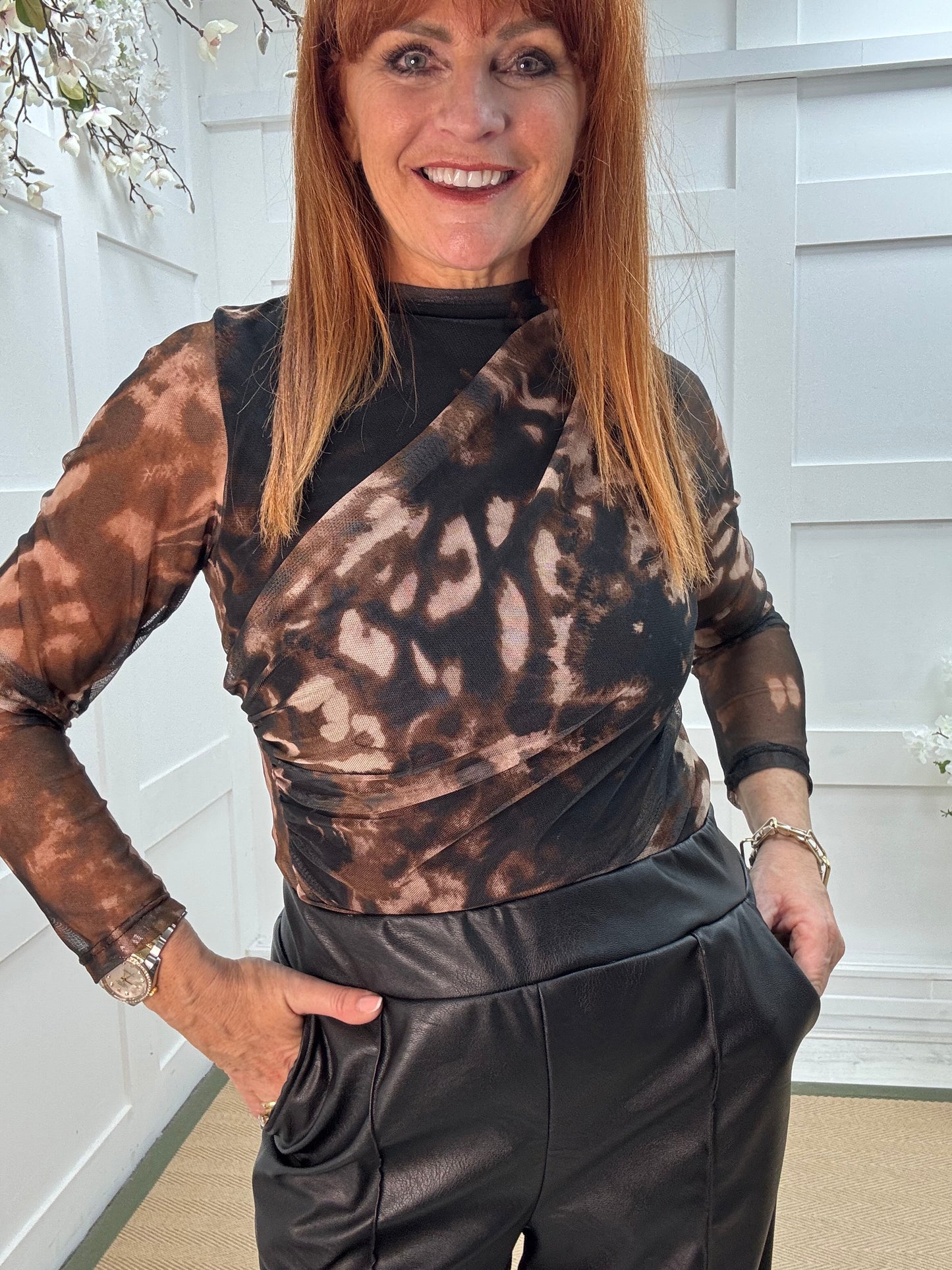 Maya: Black pattern ruched mesh top. One Sz: 12-18