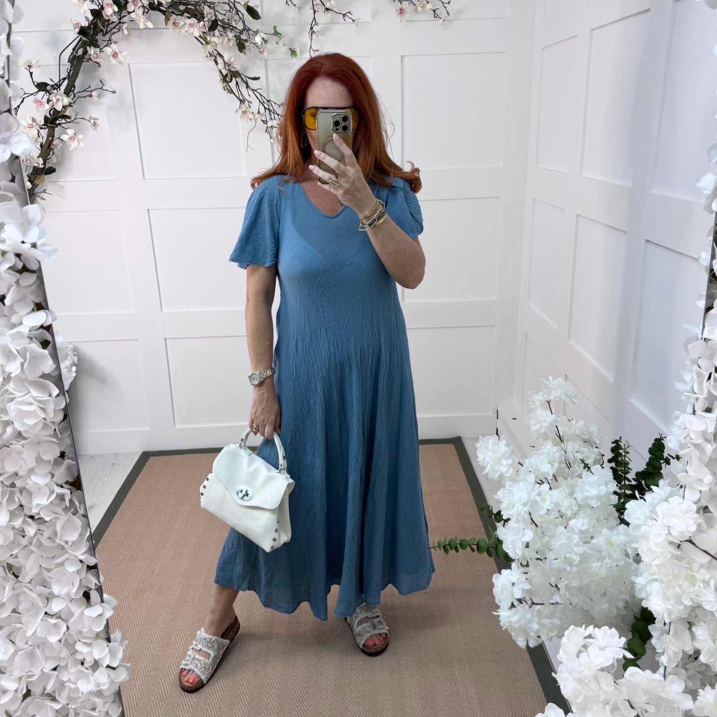 Megan: Denim blue swing cotton maxi dress. One size: 10-18