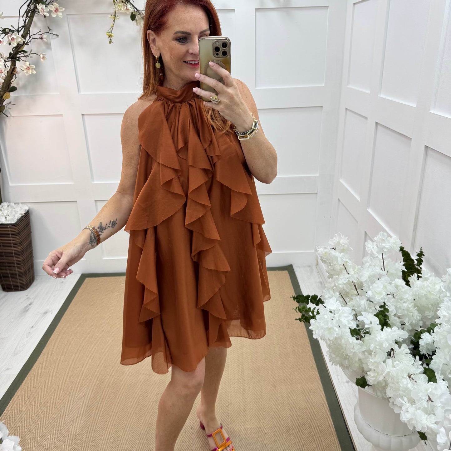 Kiki: Orange ruffle knee length dress. One size 10-16