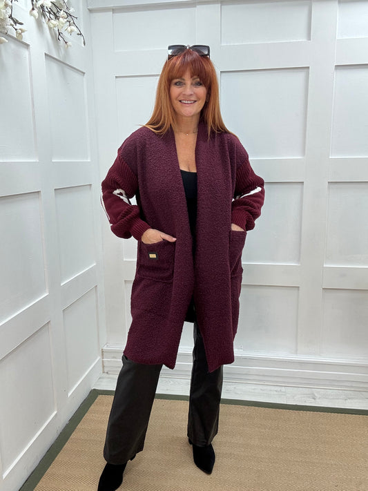 Kara: Burgundy boucle long edge to edge coat. One size 10 - 18