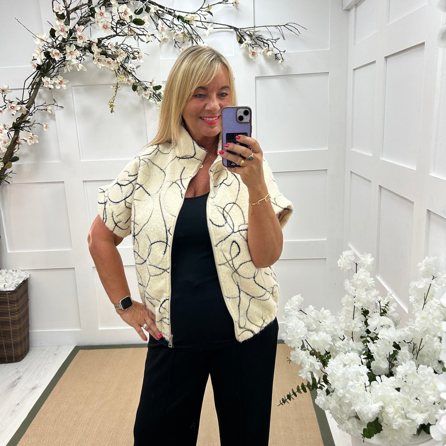 Allegra: Cream wool abstract gilet. One size 12-18