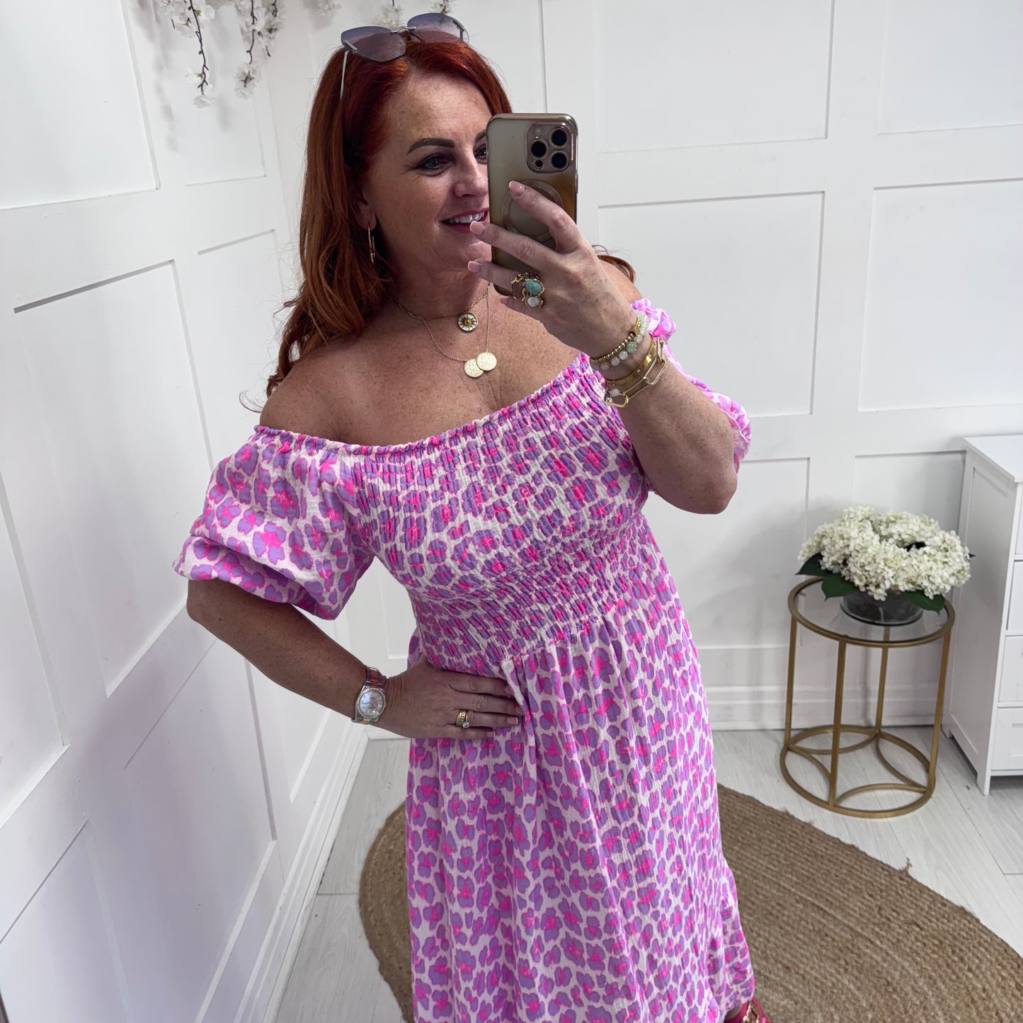 Cici: Lilac & pink leopard print stretchy maxi dress. One size: 10-22