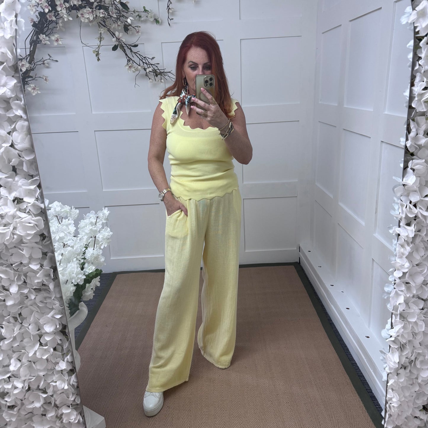 Foxy: Lemon hop sack wide leg trousers. One size: 12-18