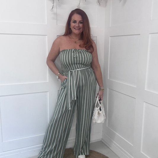 Kendal: Khaki pinstripe wide leg jumpsuit. 3 sizes: 10-20