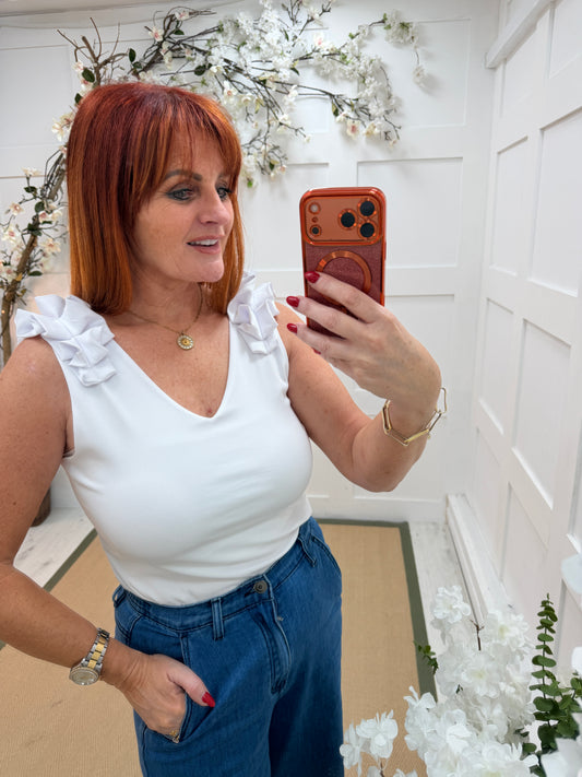 Ruthy: Ruffle shoulder V neck vest top. One size: 10-16. 8 colours