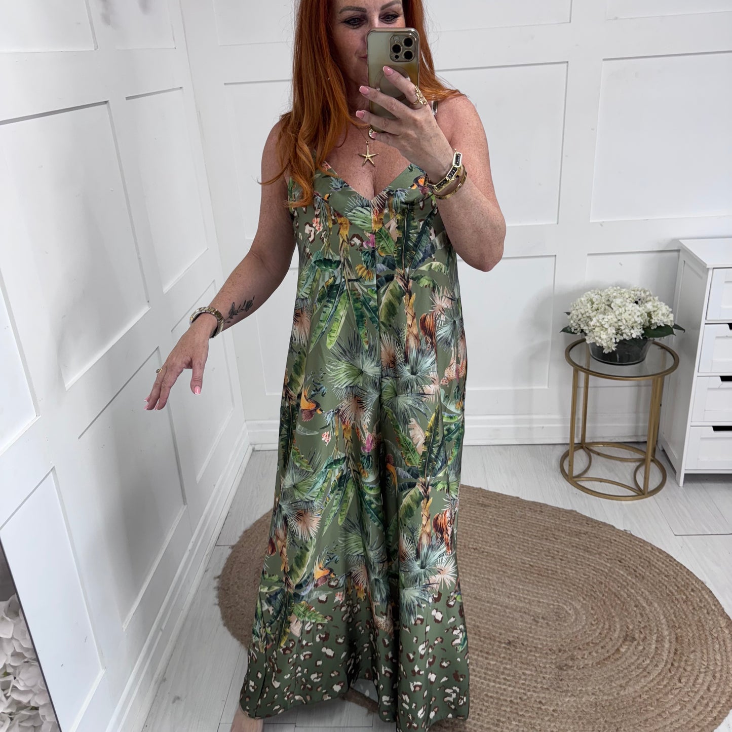 Hanna: Khaki jungle print wide leg jumpsuit. One size: 10-14