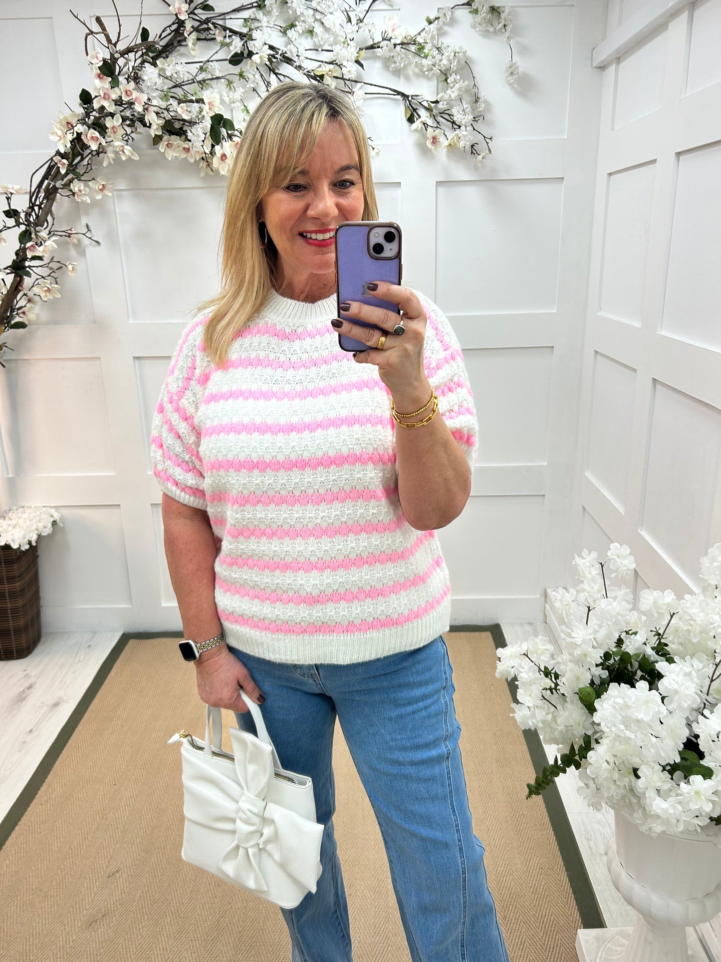 Cindy: Pink & white knitted top. One size: 12-16