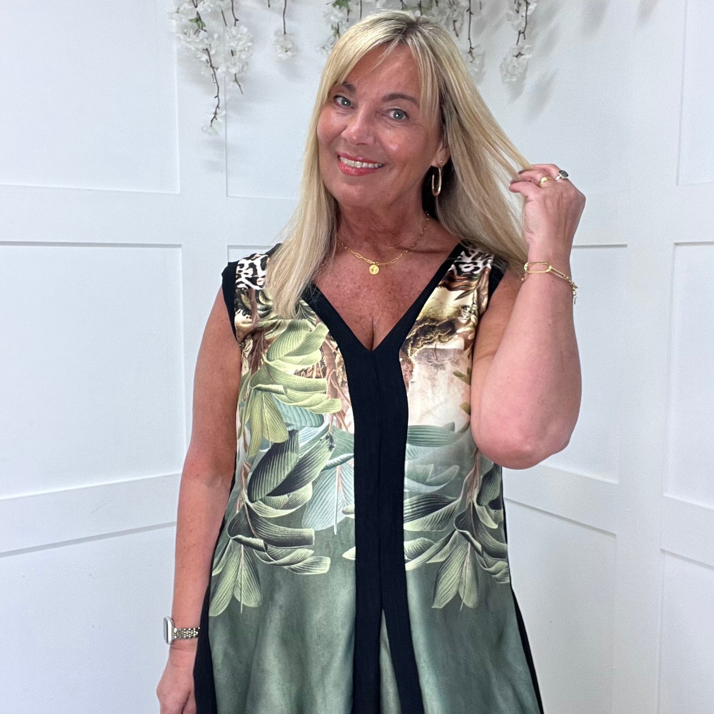 Nala: Khaki green tropical print maxi dress. One size 12-16
