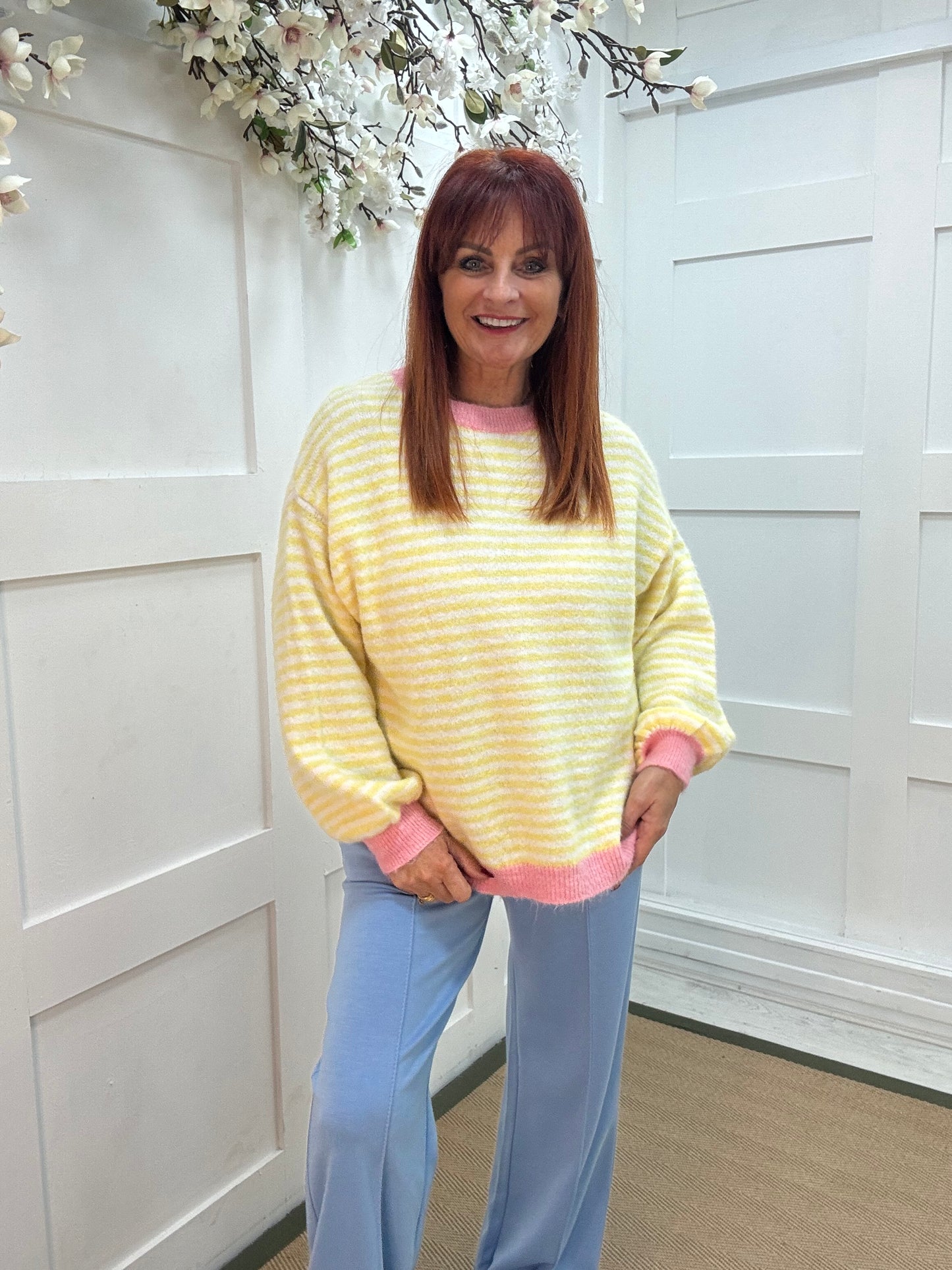 Amelia: Lemon stripe knitted top. One size: 12-16