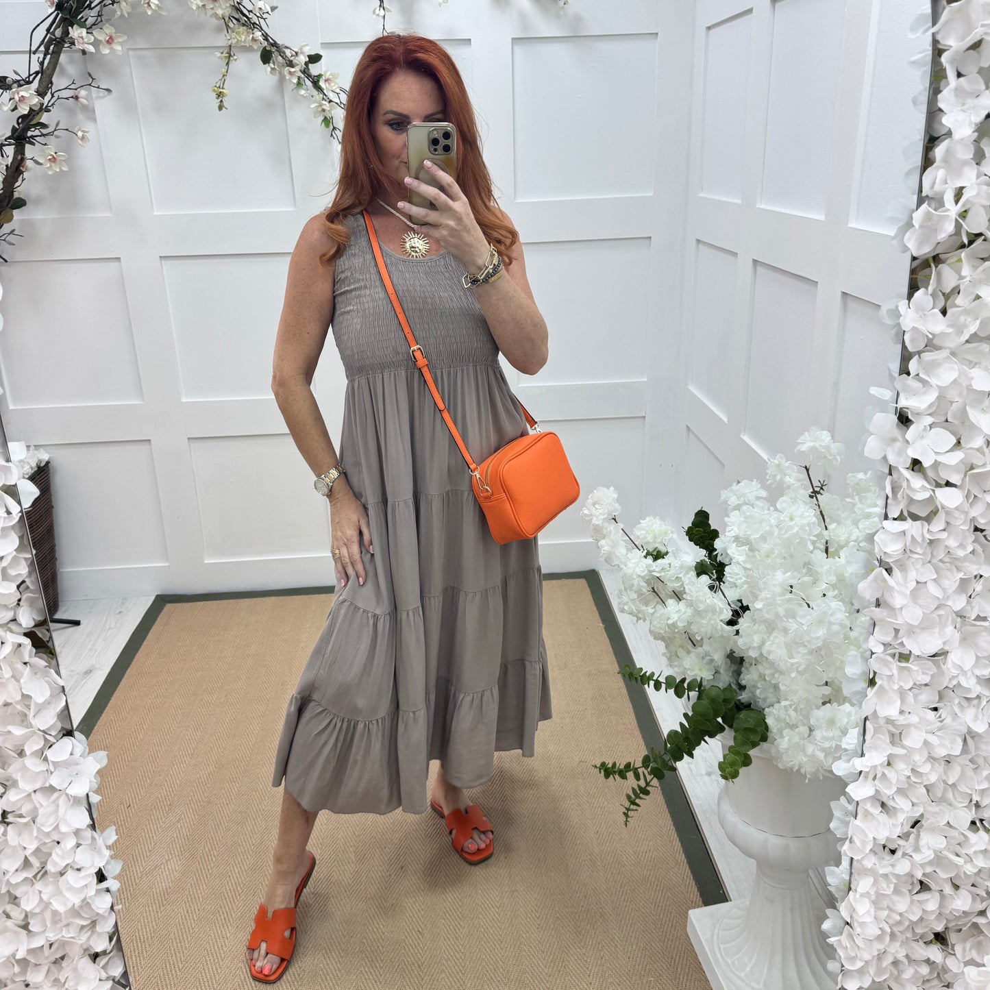 Melody: Mocha shirred midi dress. One size: 12-18
