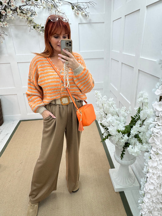 Ellis: Sand stretchy wide leg belted trousers One Size: 14-20