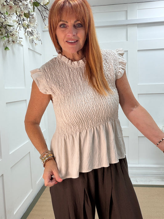 Farron: Frill sleeve shirred top. One size: 10-16. 5 colours
