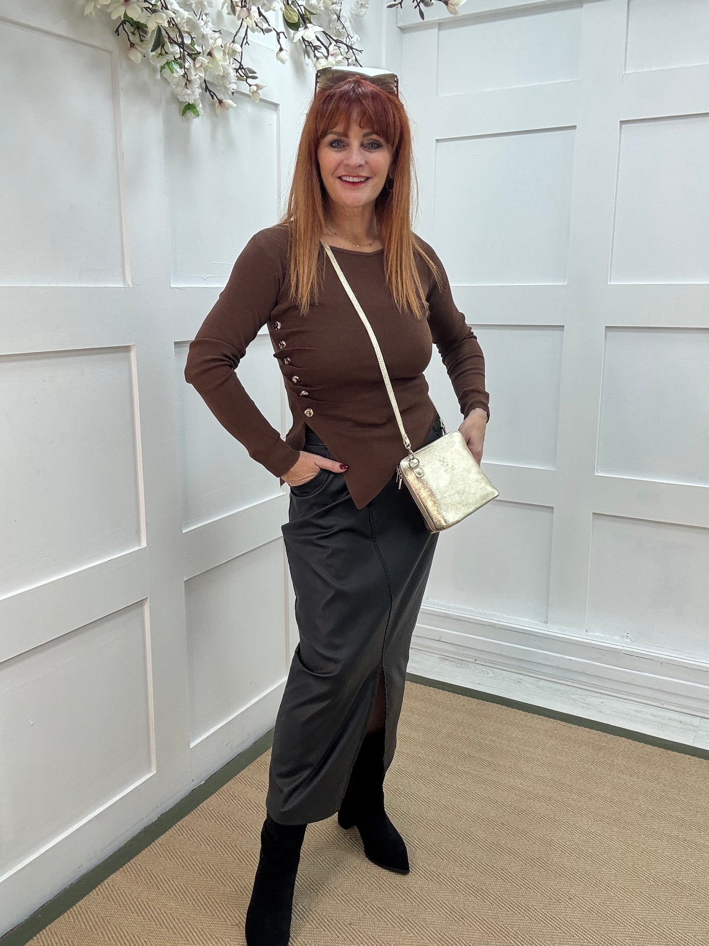 Audra: Brown ruched gold button top. 2 sizes