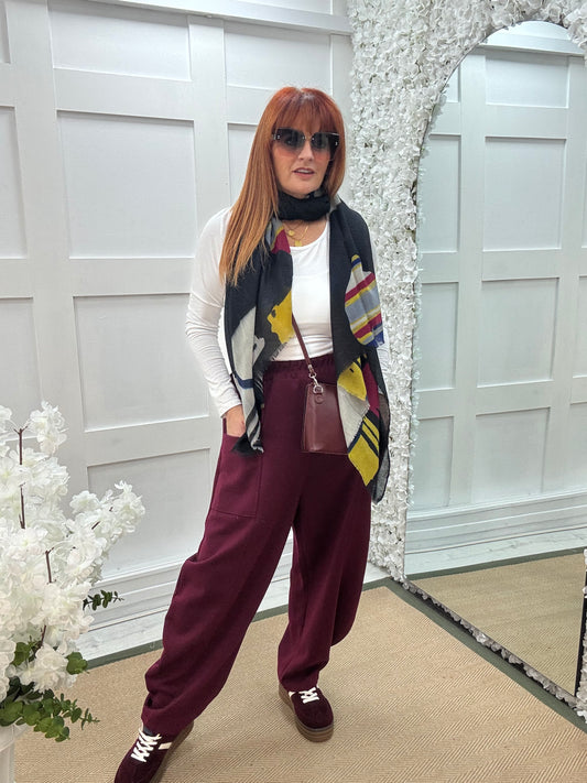 River: Burgundy cocoon harem trousers. One Sz: 14-20