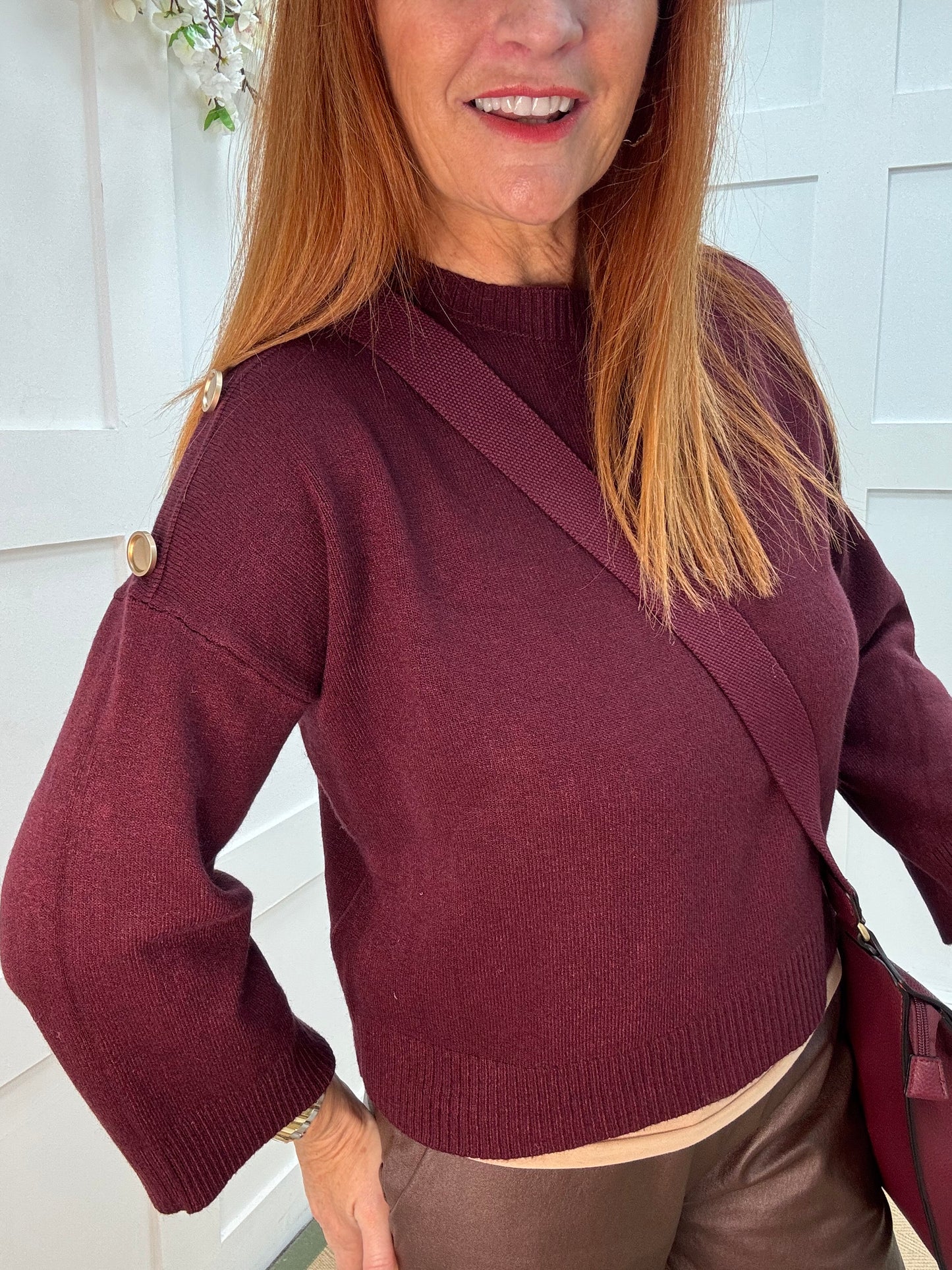 Lorna: Burgundy gold button knitted top. One Sz: 10-16