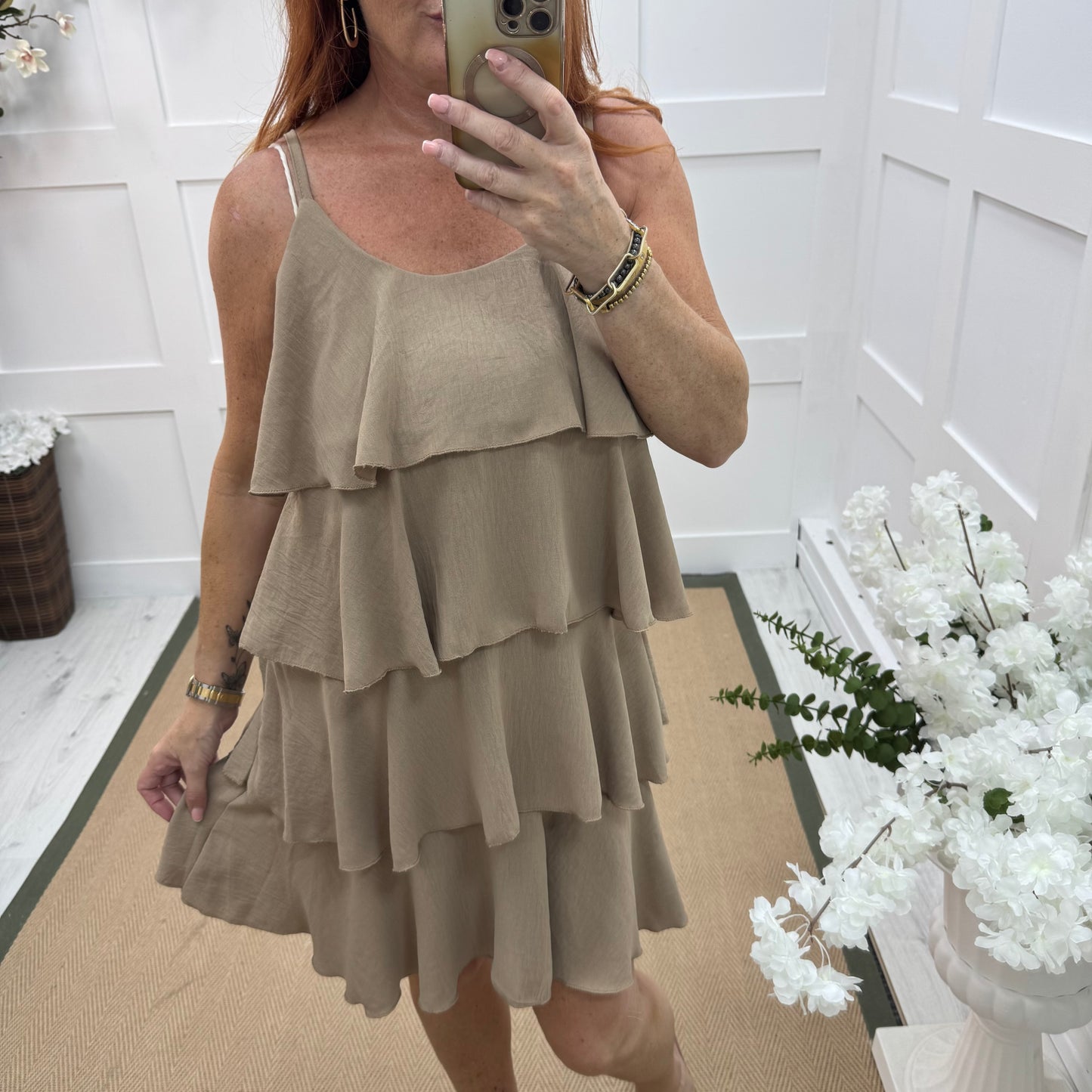 Rachel: Sand short tiered rara dress. One size 8-16