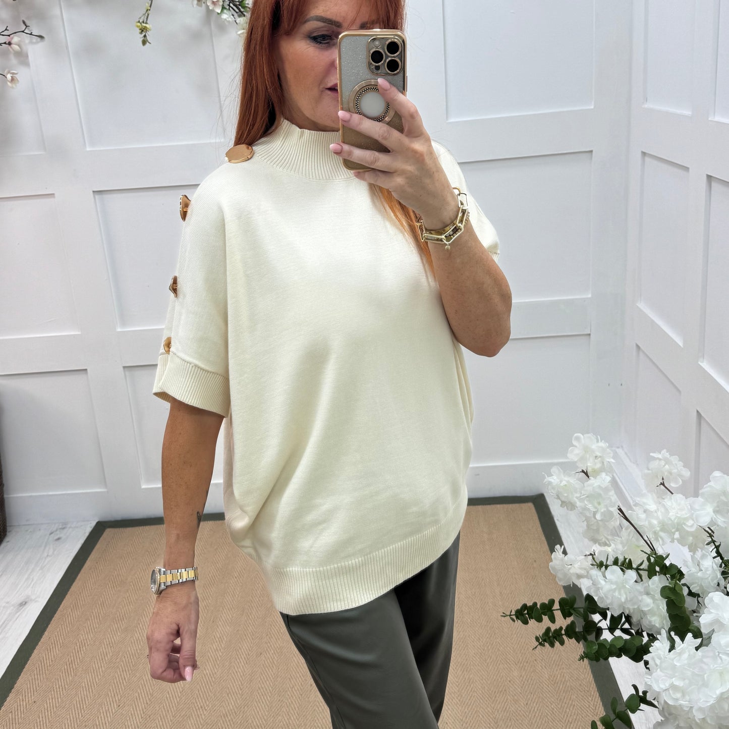 Camille: Cream short sleeve gold button top. One Size 12-20