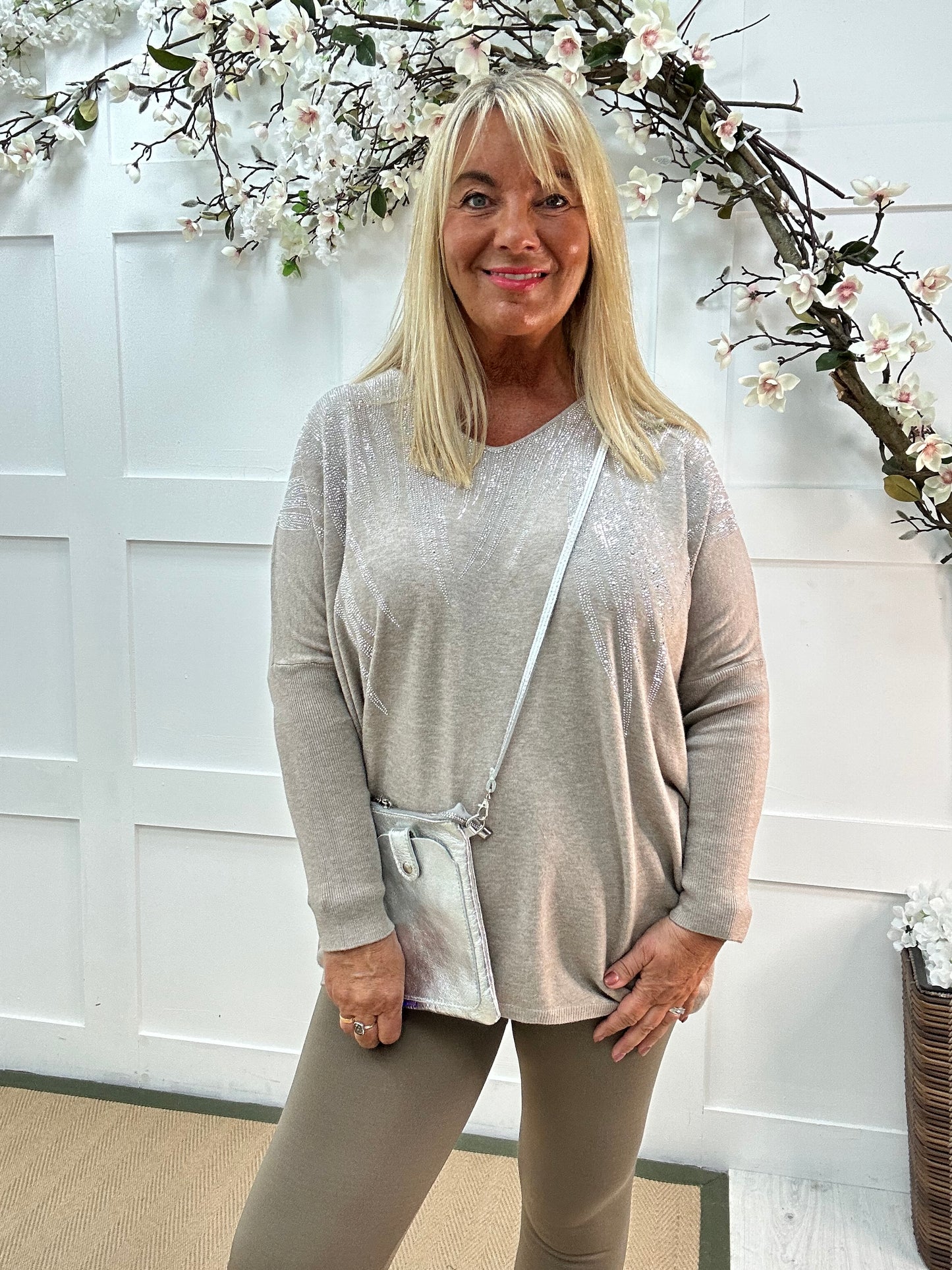Coco: Beige V neck diamanté long sleeve top. One size: 18-22
