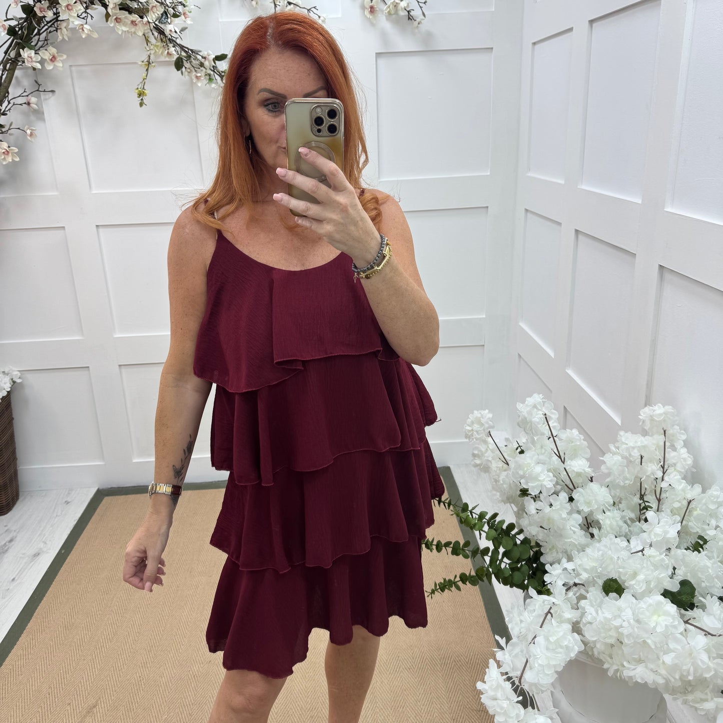 Rachel: Burgundy short tiered rara dress. One size 8-16