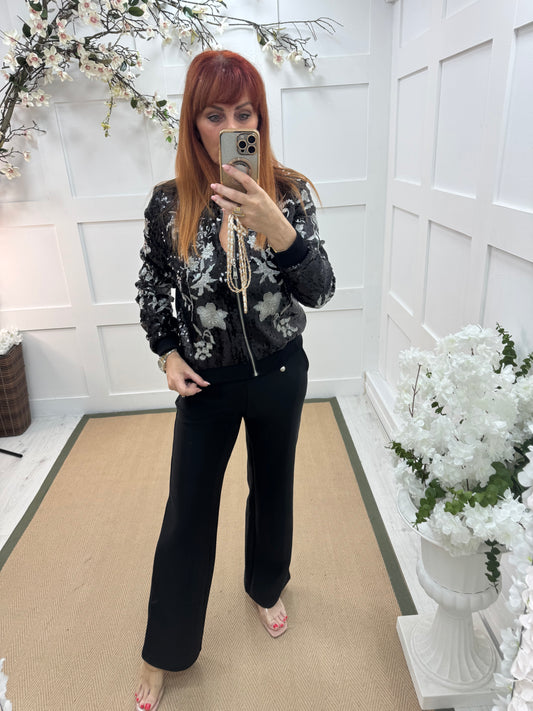 Shelley: Black & silver sequin bomber jacket. 2 sizes