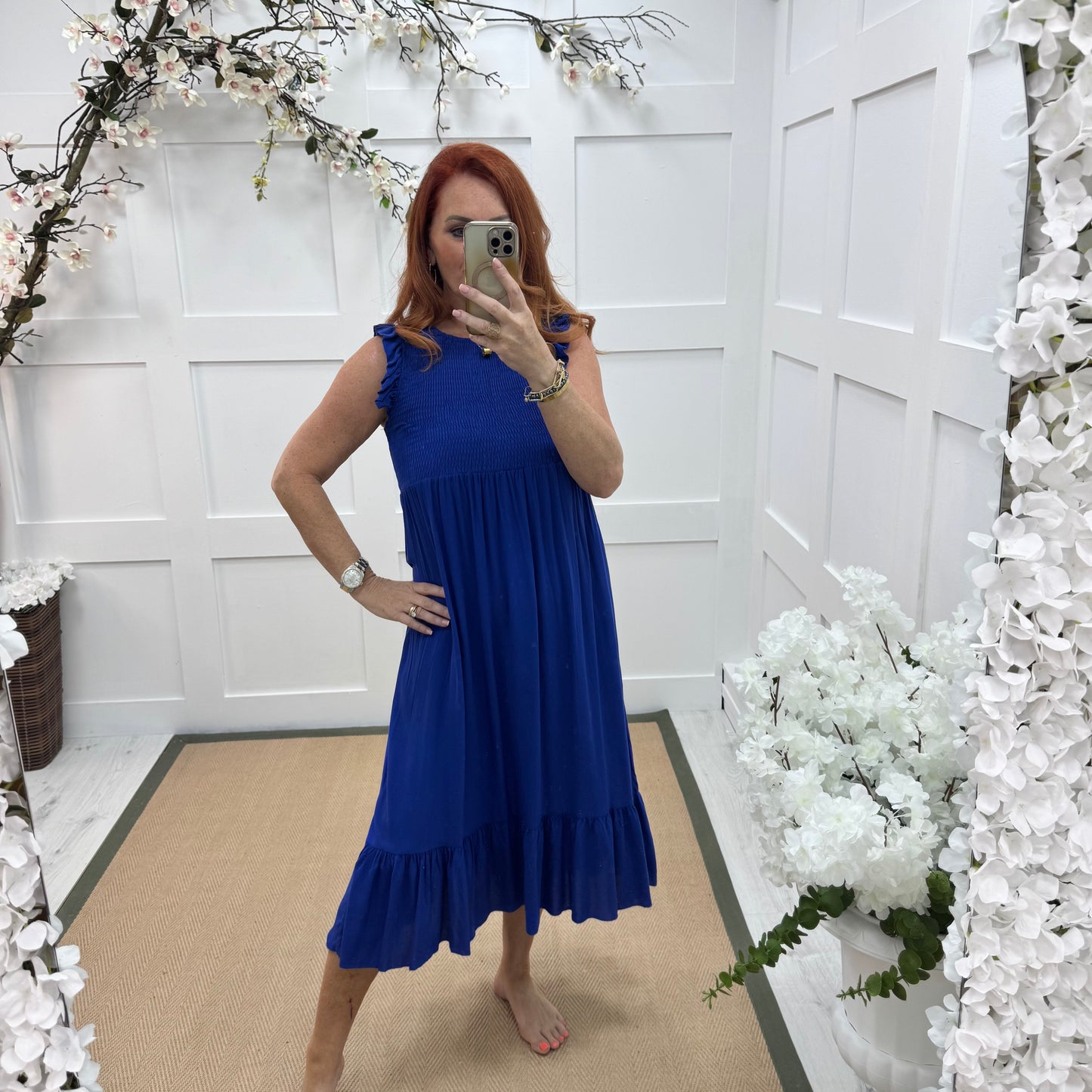 Cara: Blue shirred midi dress. One size 10-18