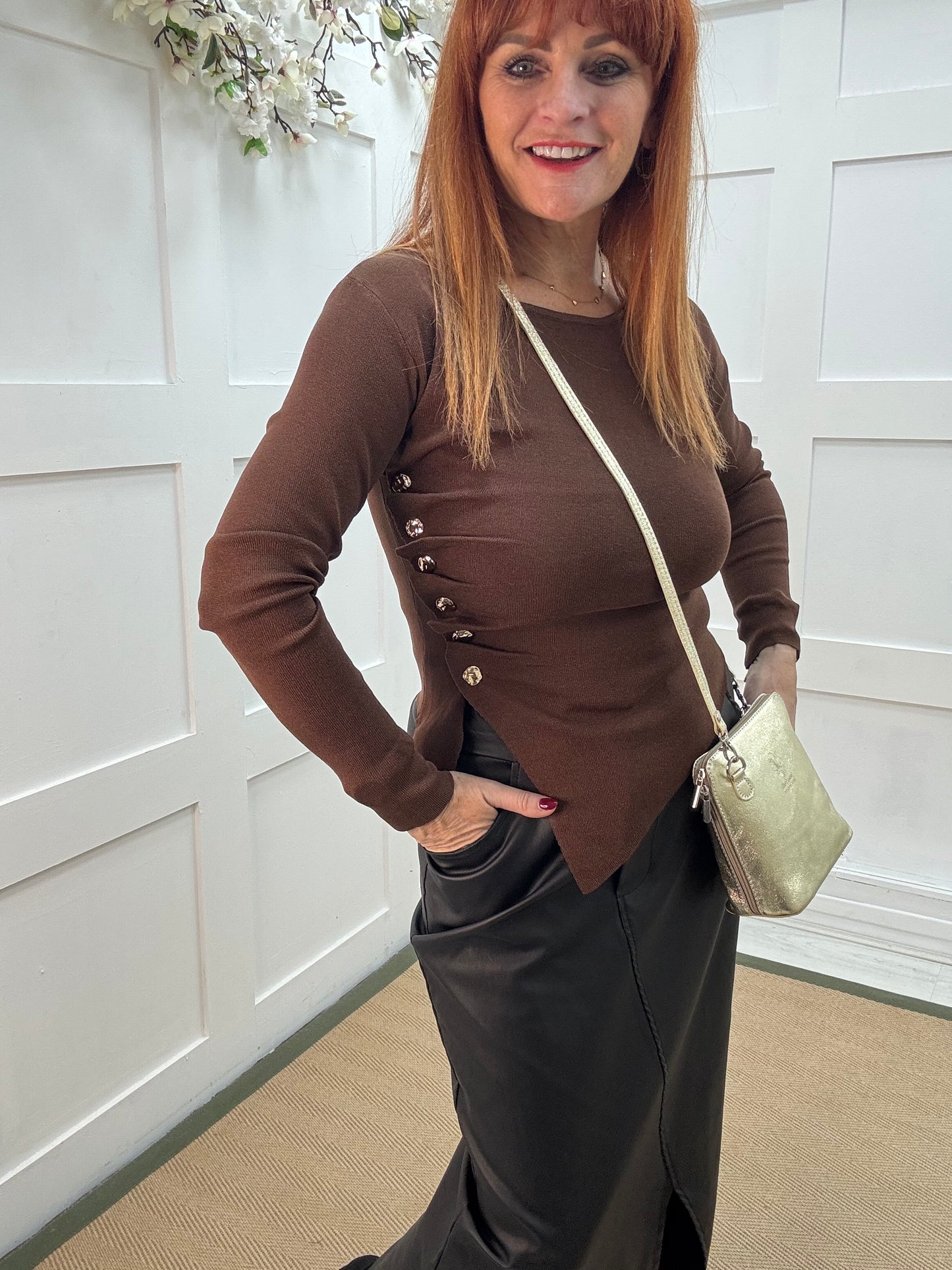 Audra: Brown ruched gold button top. 2 sizes
