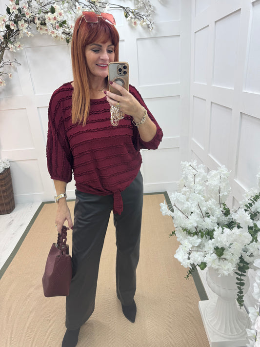 Dorita: Burgundy ruffle & tie top. One size 12-16