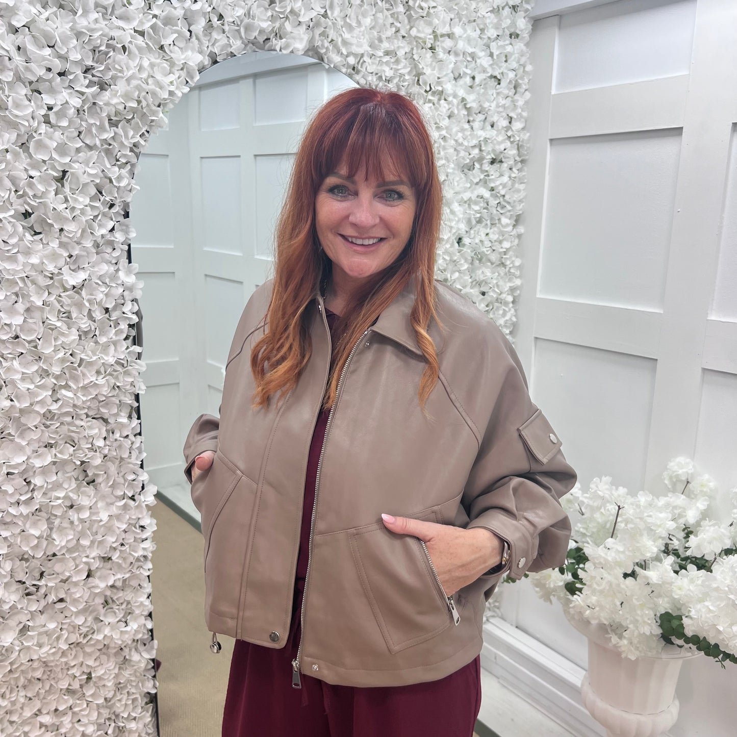 Bobbie: Mocha oversized faux leather bomber jacket. 2 sizes
