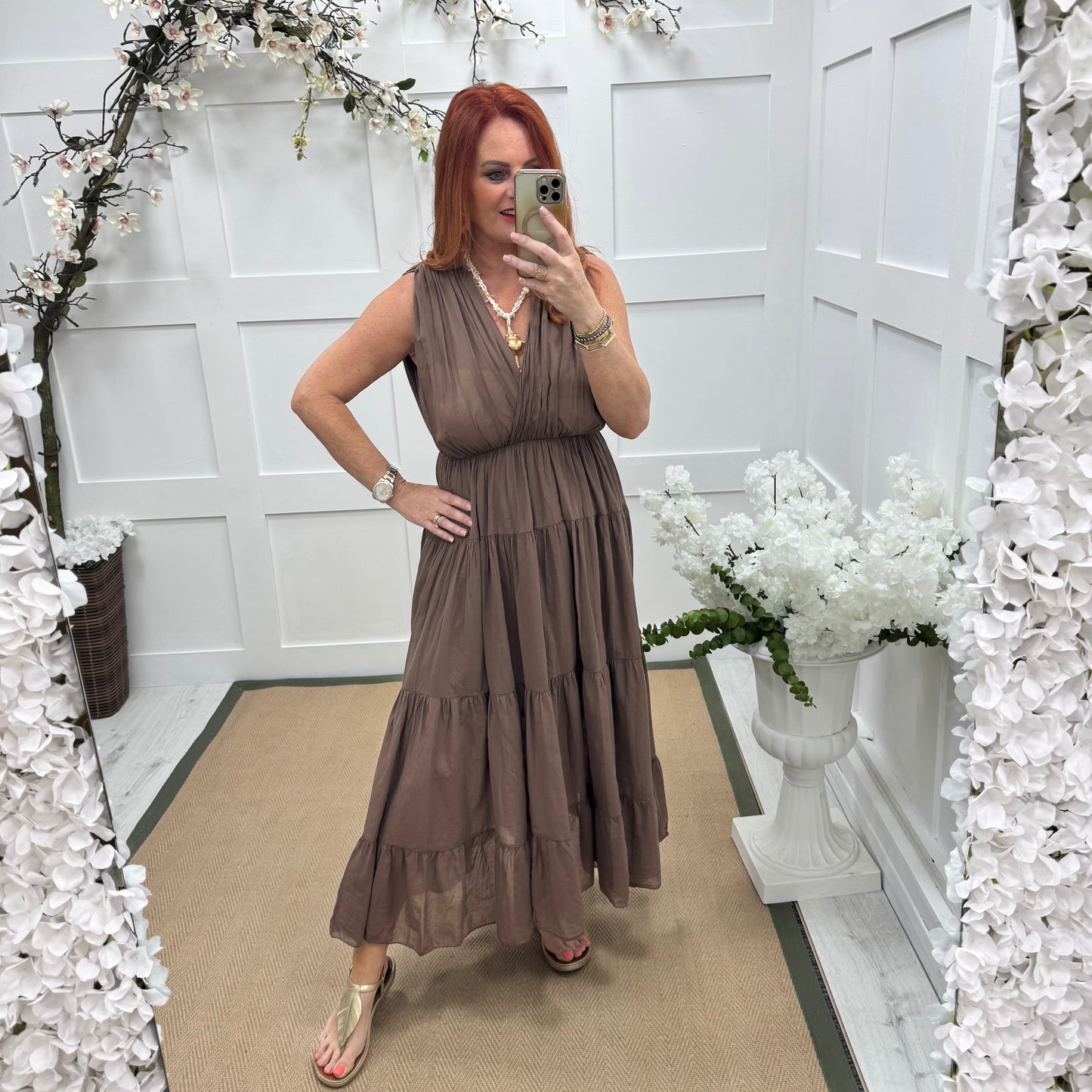 Gaynor: Brown Grecian tiered maxi dress. One size 12-20