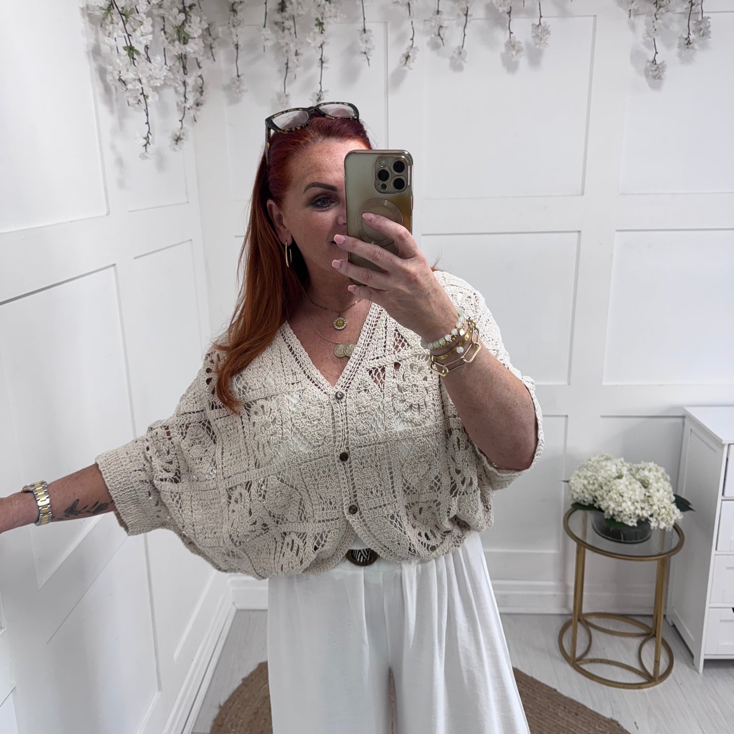 Marcie: Cream batwing crochet cardigan. One size: 10-18