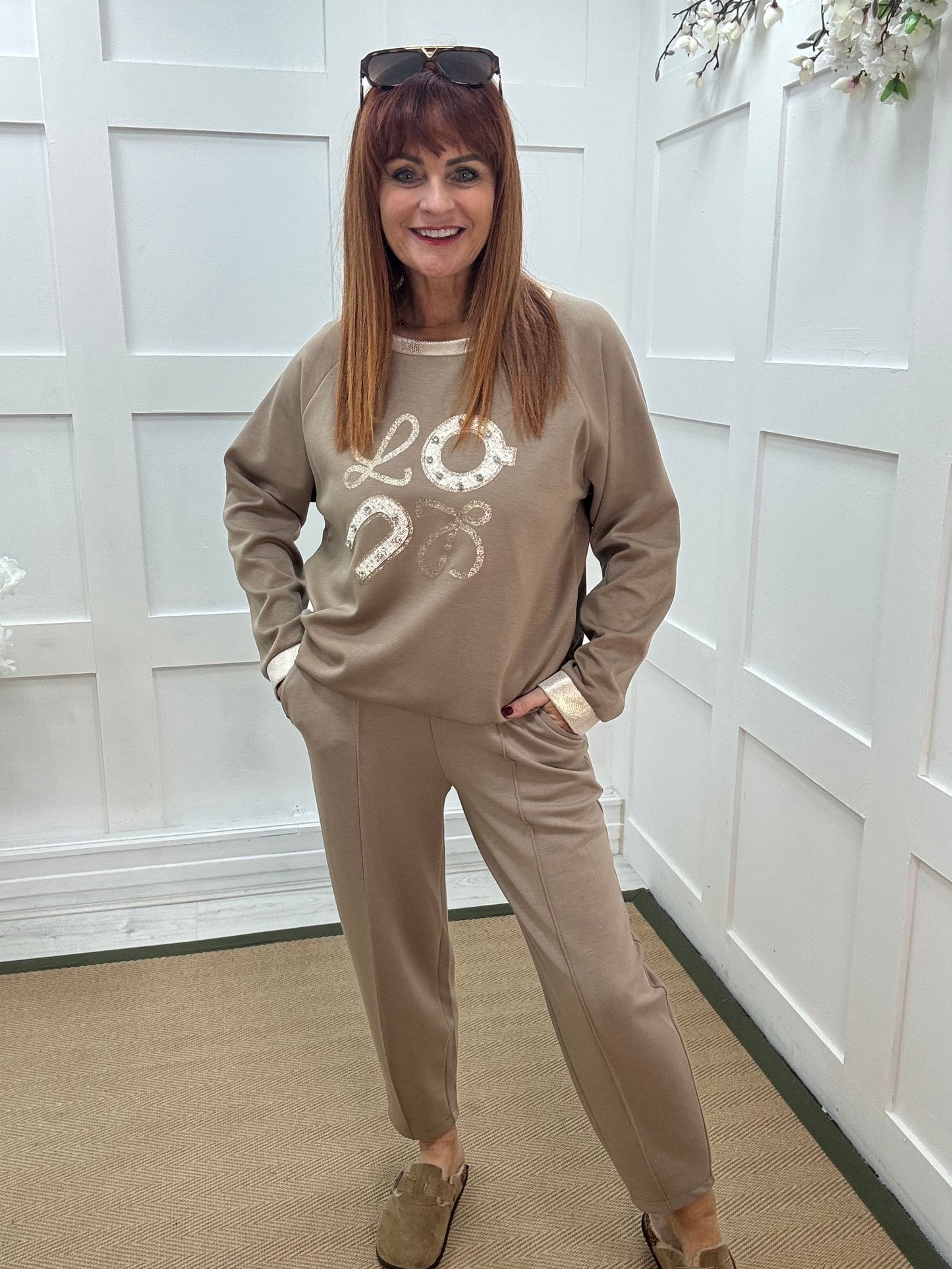 Liana: Mocha diamanté logo sweatshirt. One size: 12-16