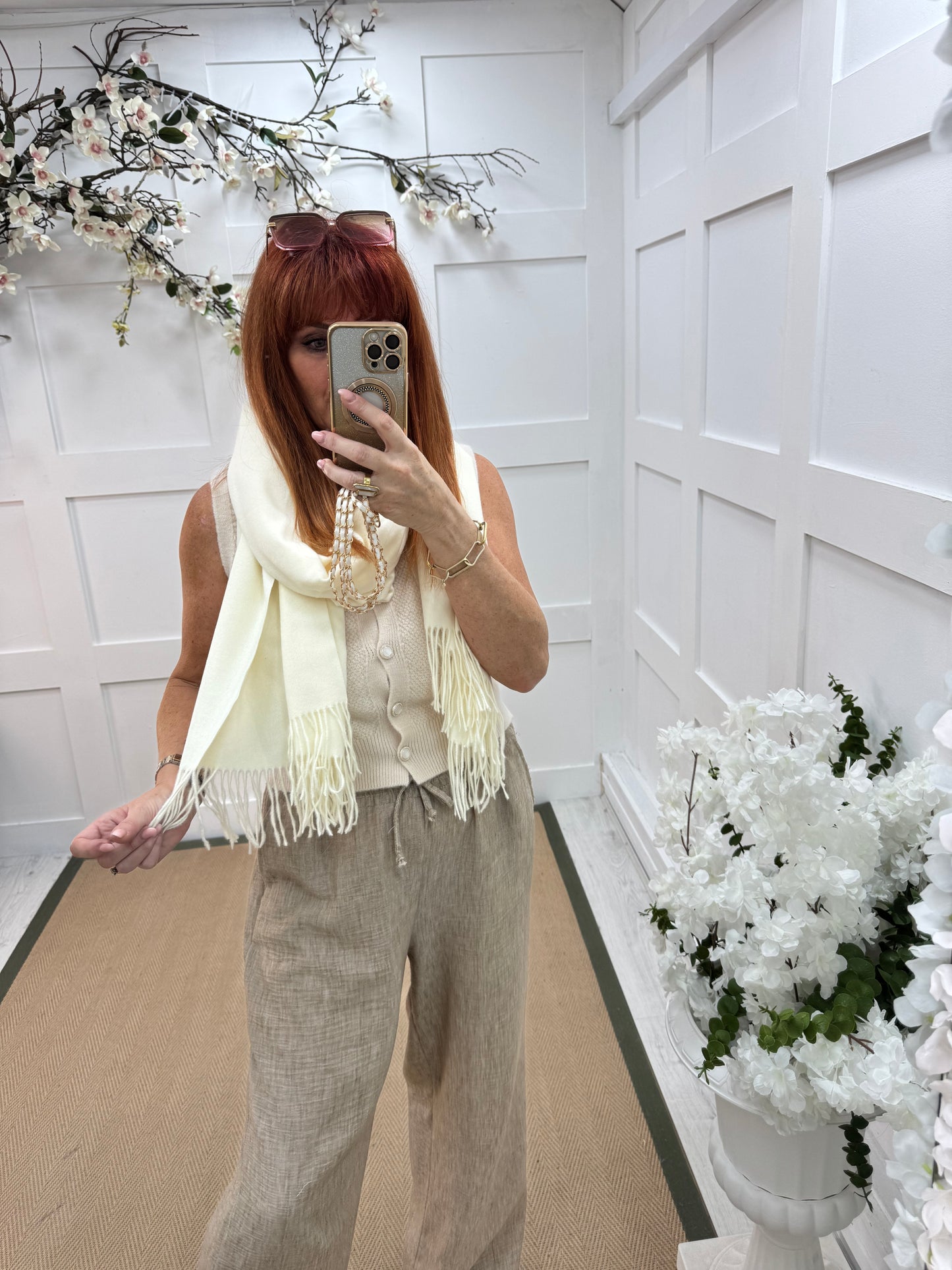 Indra: Plain cream soft feel tassel scarf