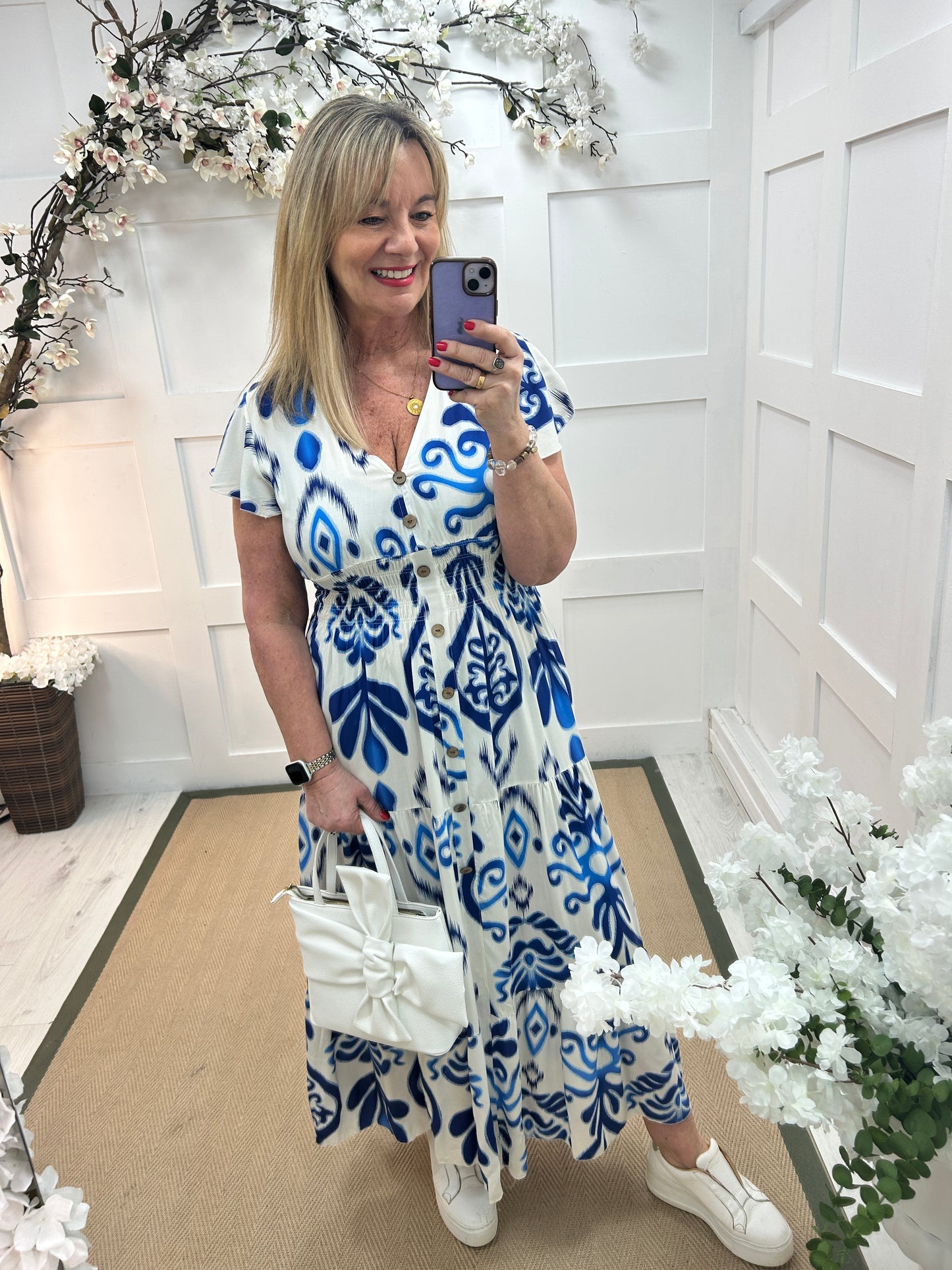 Sienna: Stretchy blue abstract aztec print maxi dress. One size 10-18