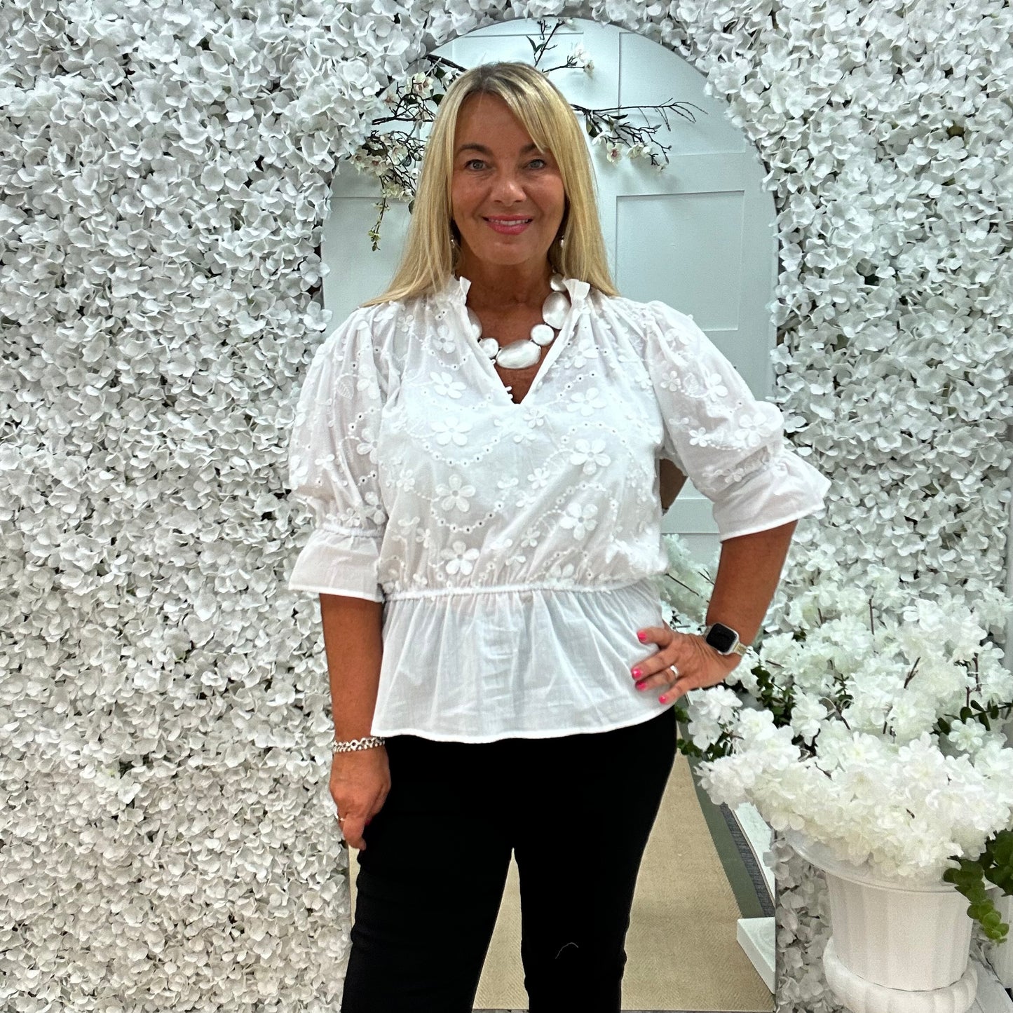 Joanie: White cotton embroidered shirt. One size: 12-18